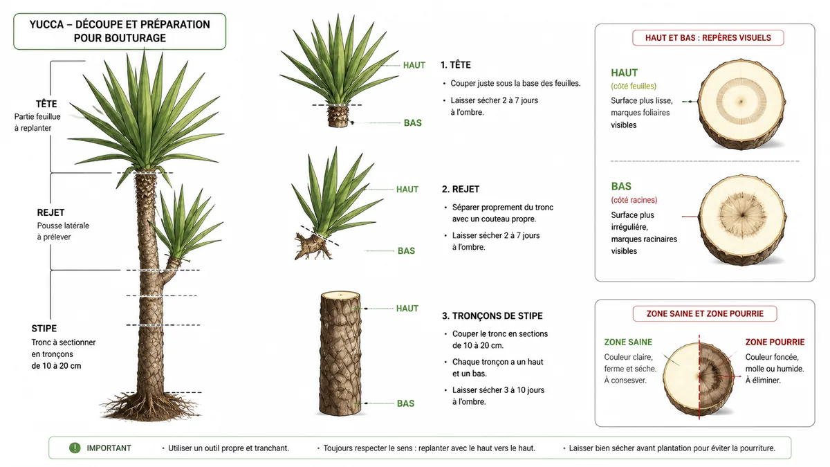 Schéma des coupes de bouture de yucca