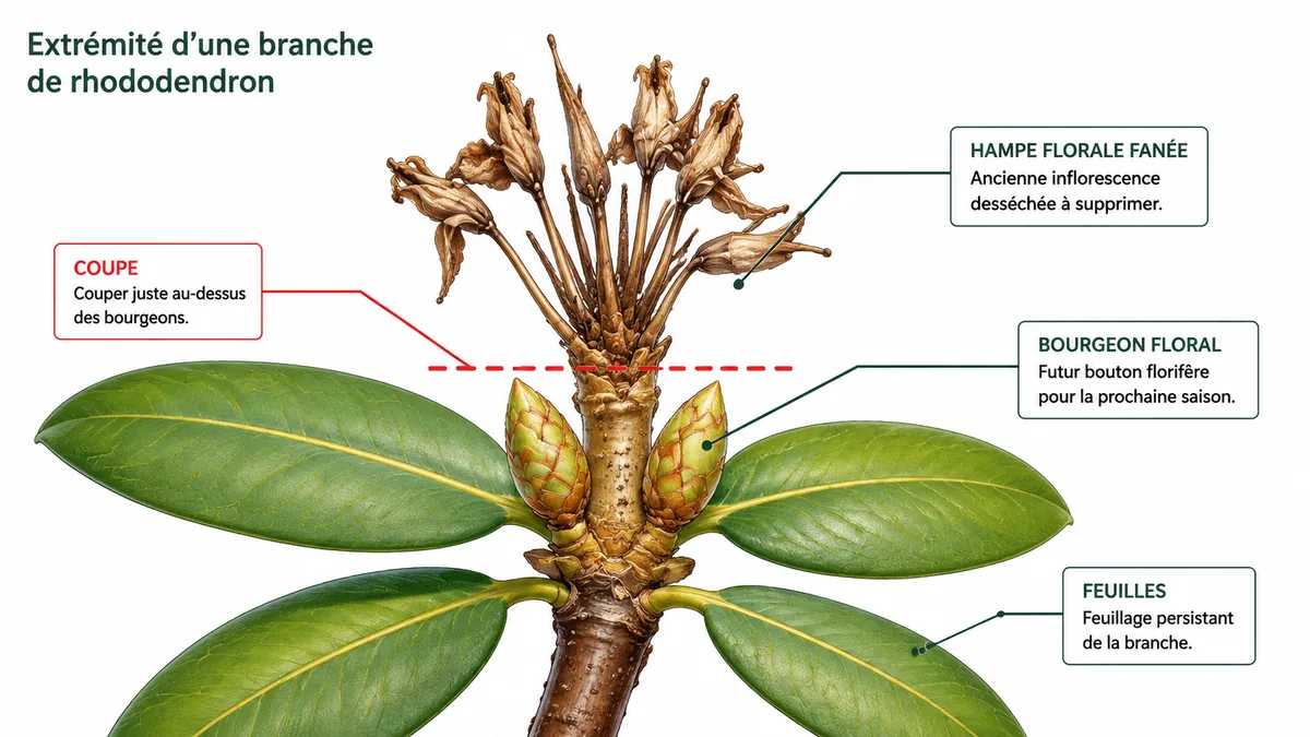 Schéma de coupe d'une inflorescence fanée de rhododendron