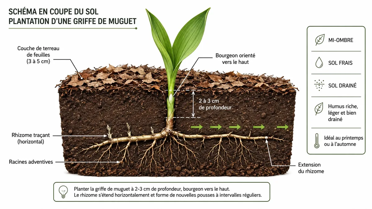 Schéma de plantation d'une griffe de muguet en coupe de sol