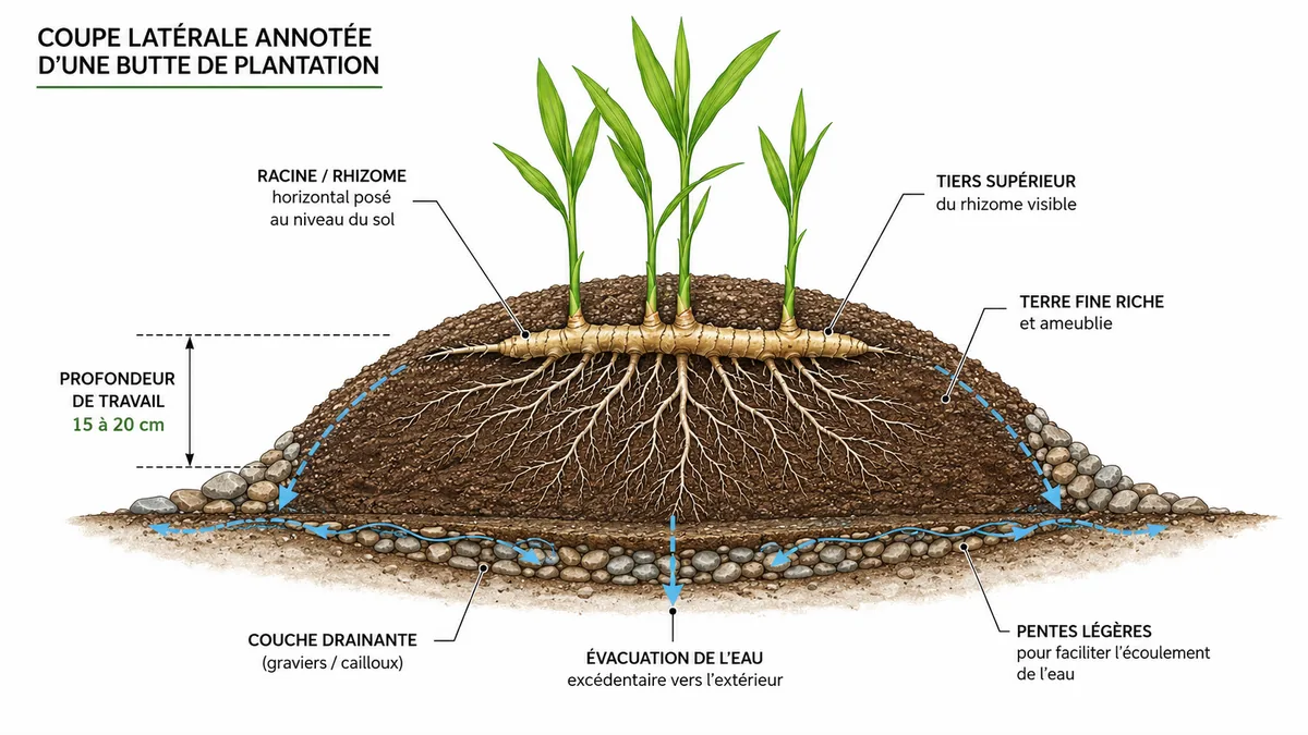 Position correcte d'un rhizome d'iris dans le sol