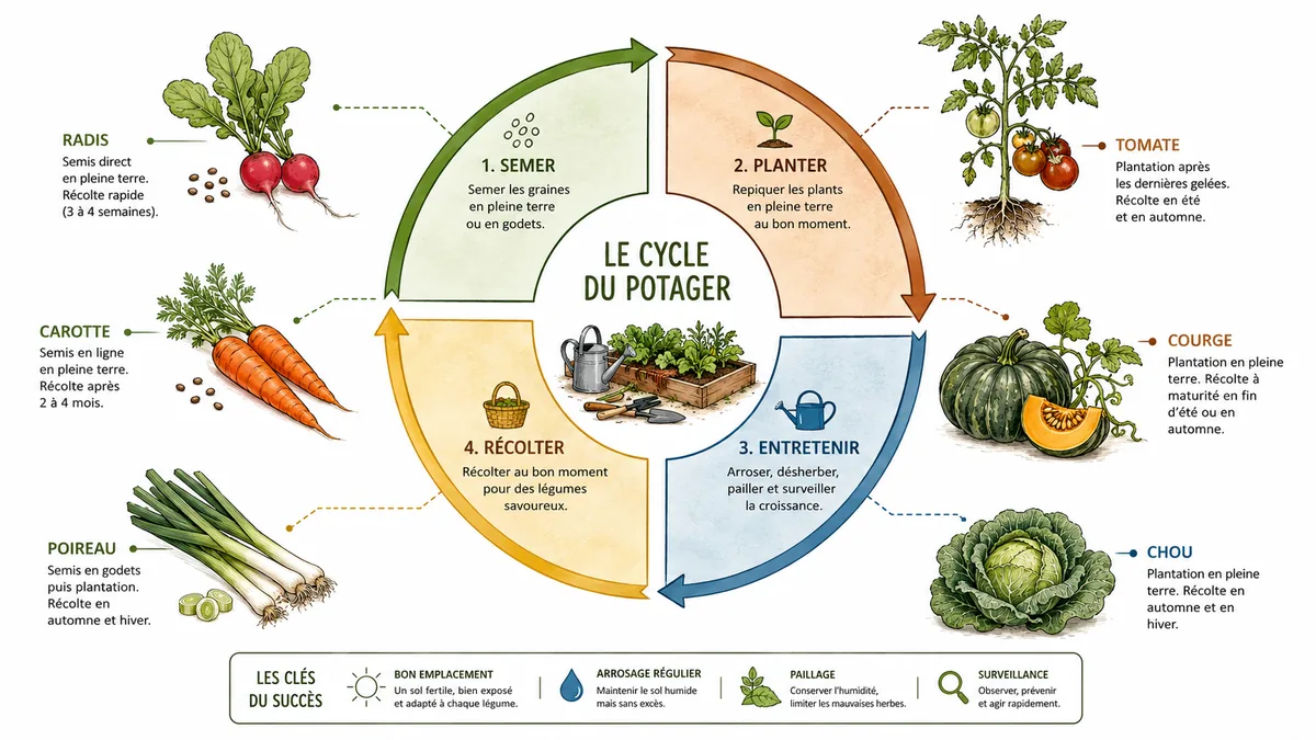 Schéma des semis et récoltes au potager