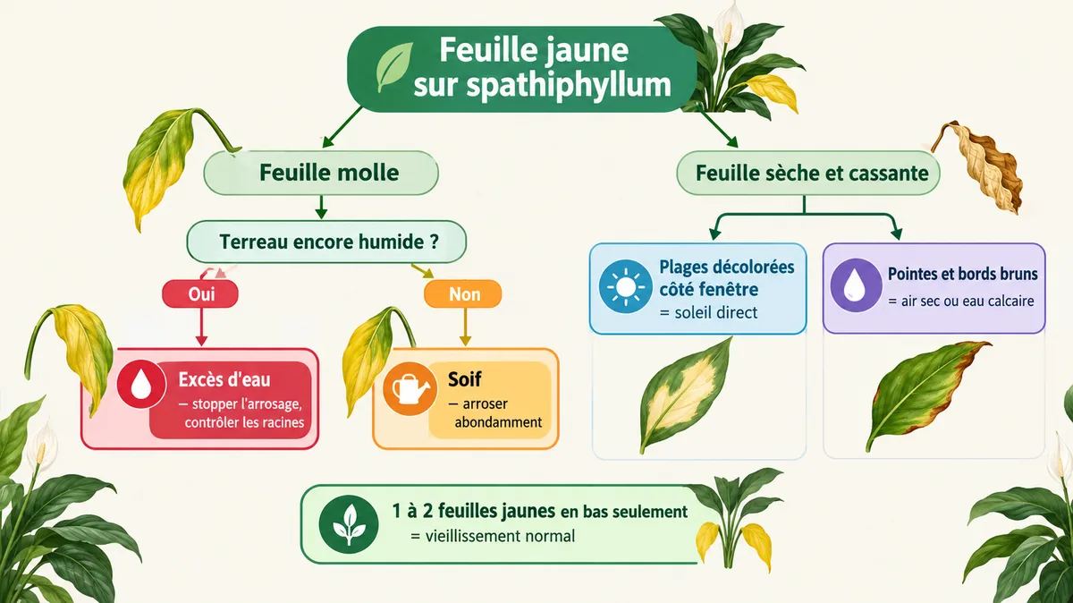 Arbre de décision pour diagnostiquer une feuille jaune de spathiphyllum