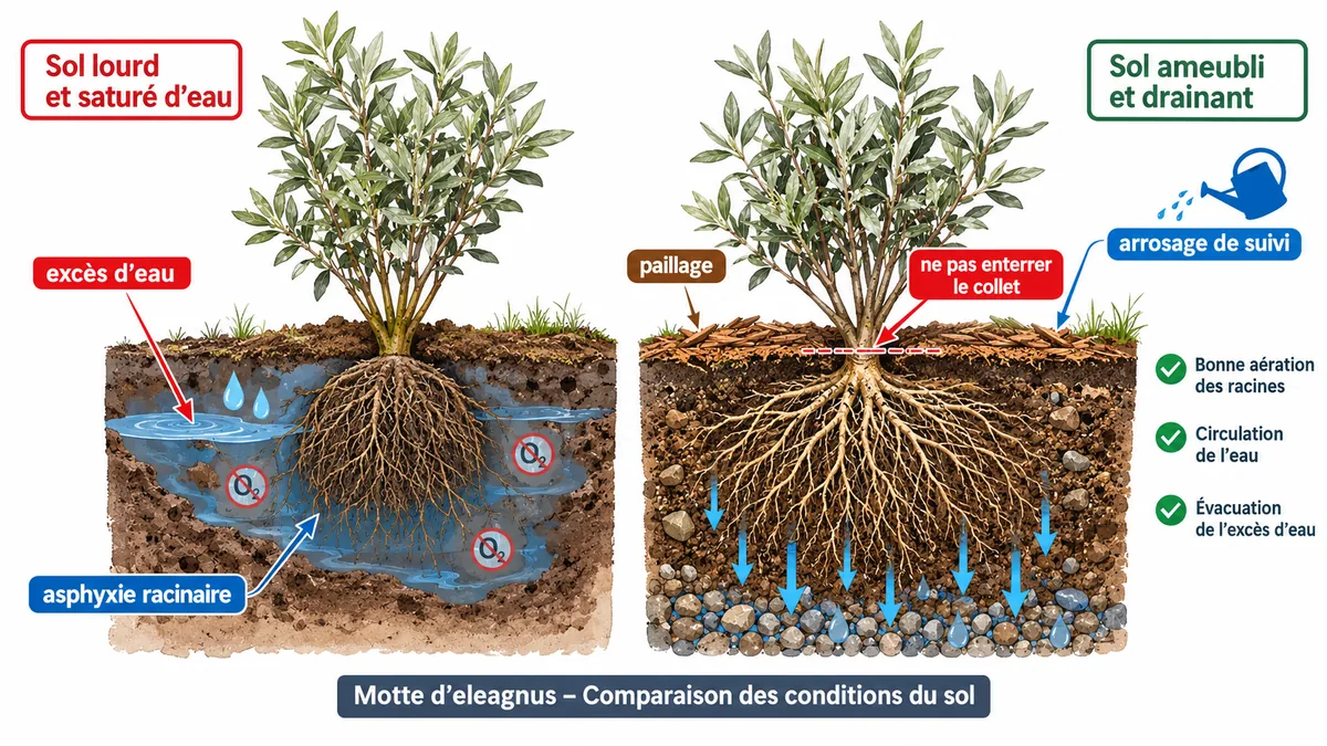 Schéma des racines d'eleagnus dans un sol drainant ou détrempé