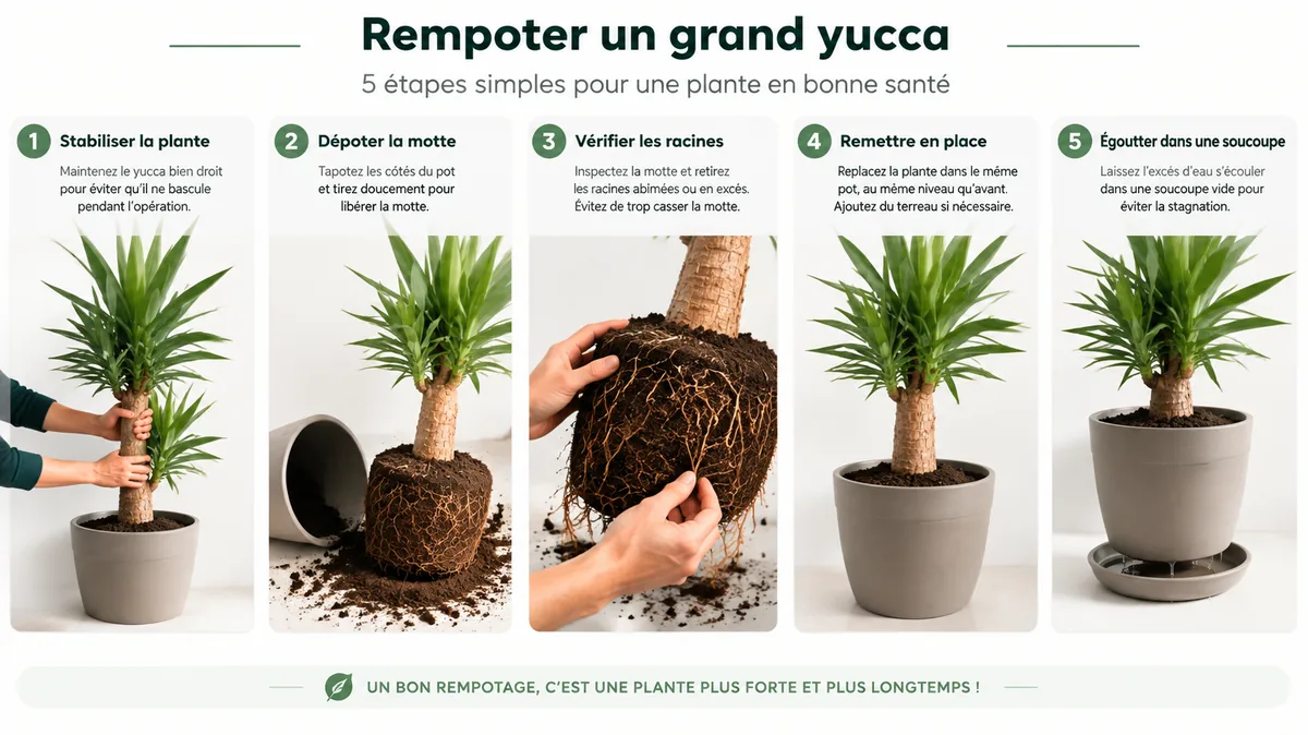 Étapes illustrées du rempotage d'un yucca