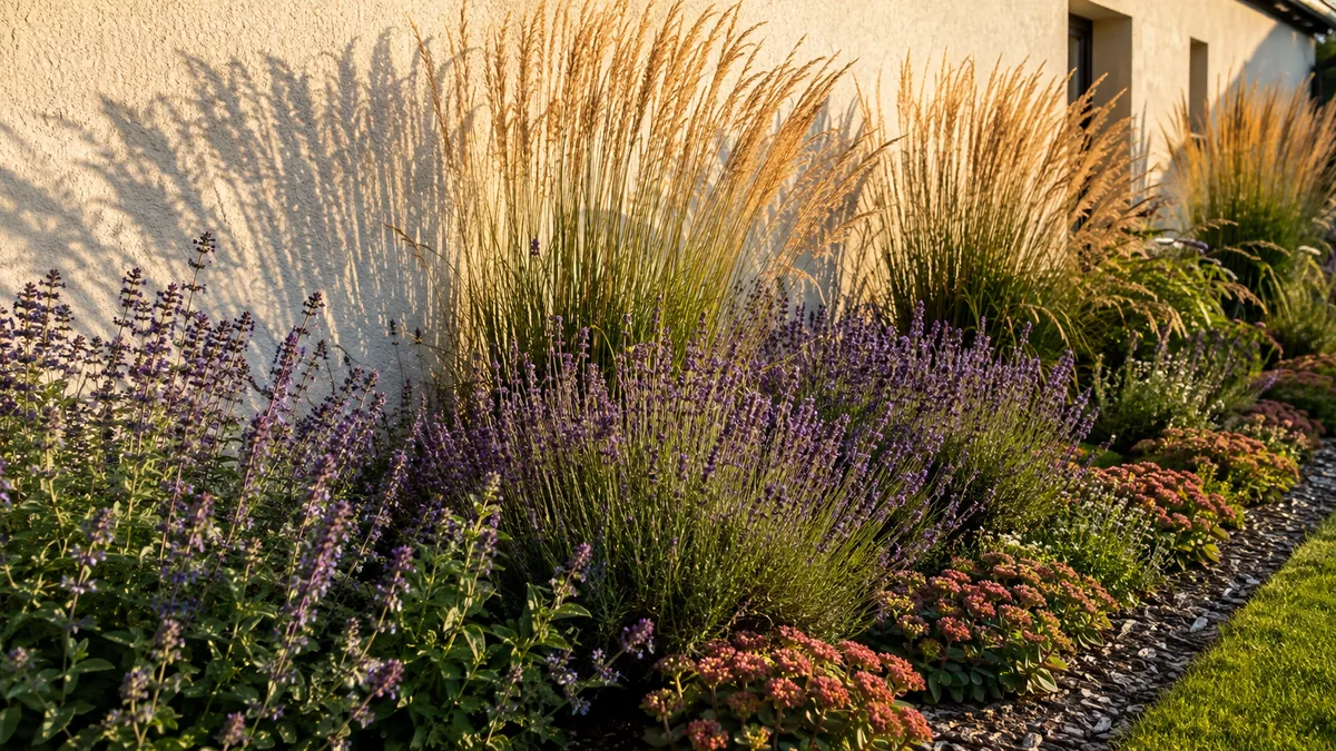 Massif contre un mur au soleil avec graminées, lavande et sedums
