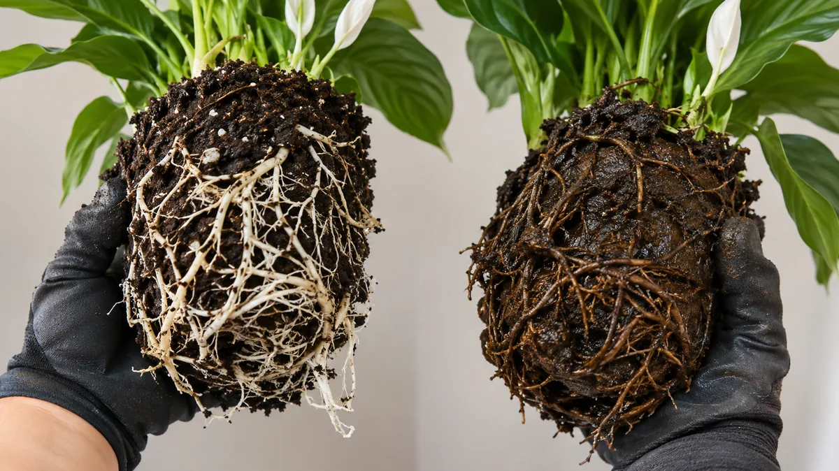 Comparaison entre racines saines et racines pourries de spathiphyllum