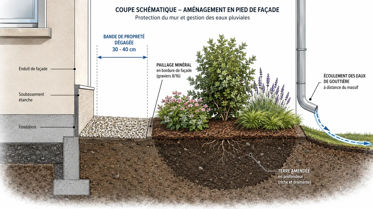 Schéma coupe massif contre mur avec bande de propreté et paillage