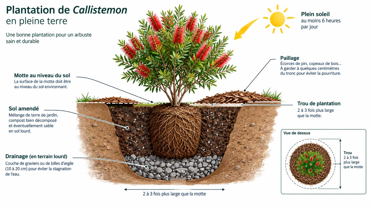 Schéma de plantation d'un Callistemon en sol drainé