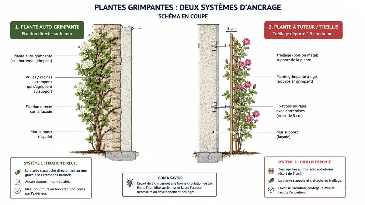 Schéma différence plante auto-grimpante et treillage contre un mur