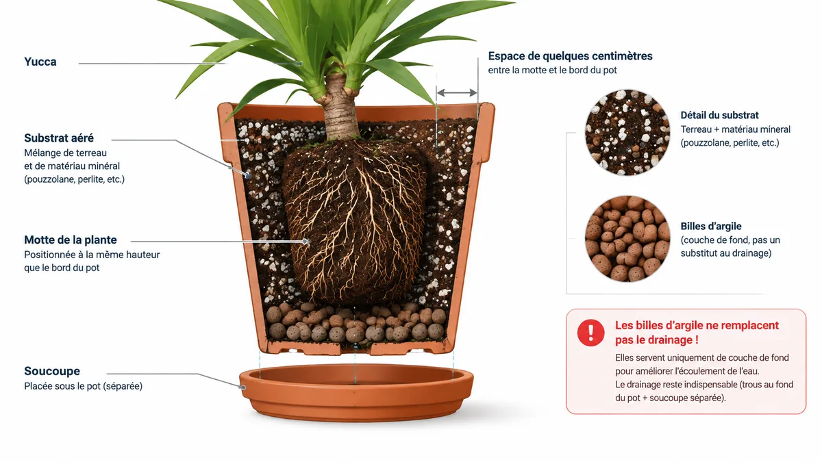 Schéma du pot et du substrat drainant pour yucca